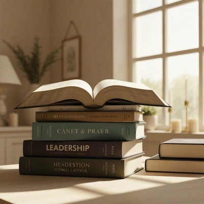 Stack of diverse books on leadership and prayer, open bible on top, warm lighting, cozy study setting, no text, no words, no typography, 8K