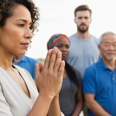 Close-up of a diverse leader's hands clasped in prayer, with a subtle background of a group of people, symbolizing guidance and community, no text, no words, no typography, 8K