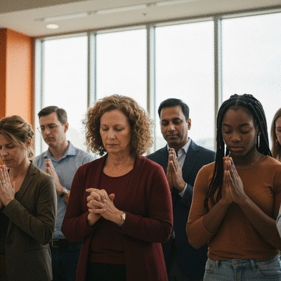 Diverse group of leaders praying together, hands clasped, solemn expressions, bright interior, no text, no words, no typography, 8K