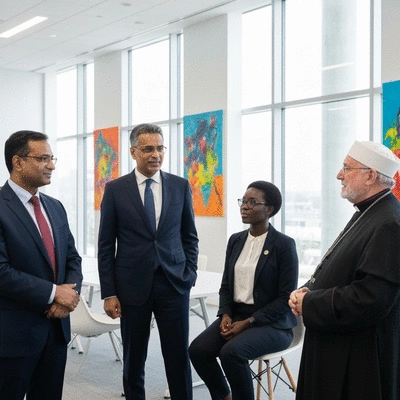 Diverse group of global leaders in discussion, representing different faiths, in a modern, collaborative setting, no text, no words, no typography, 8K