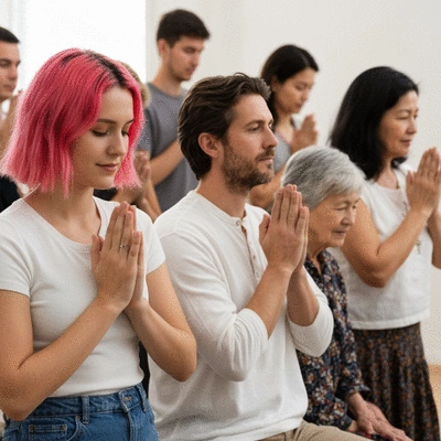Diverse group of people in prayer, focus on hands clasped together, soft lighting, spiritual atmosphere, no text, no words, no typography, 8K