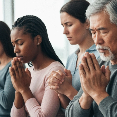 Diverse group of people praying together, hands clasped, solemn expressions, representing unity and hope