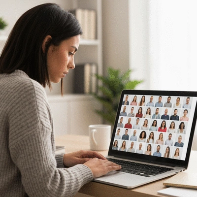 Person using a laptop to join a global online prayer network, screen showing diverse faces, focused and engaged, modern home office setting, no text, no words, no typography, no labels, clean image