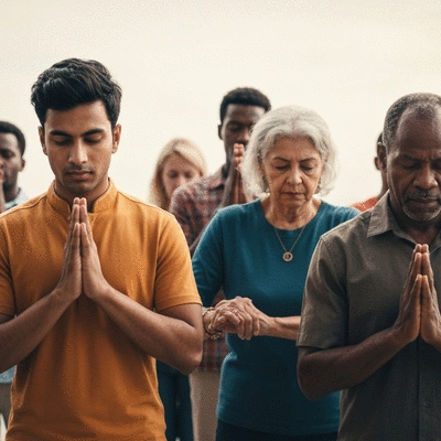 Diverse group of people in prayer, hands joined, representing global unity