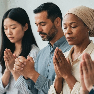 Diverse group of people in prayer, hands clasped, looking thoughtful. Focus on unity and spiritual strength. no text, no words, no typography, no labels, clean image