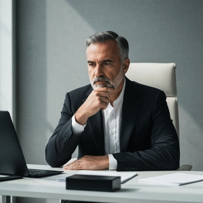 A leader, possibly a president or prime minister, deeply focused in thought at a desk, with a subtle aura of wisdom and guidance, no text, no words, no typography, clean image