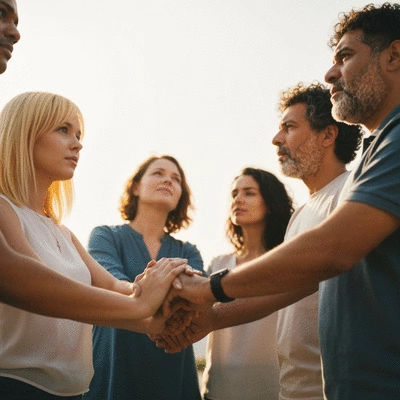 People holding hands in a circle, symbolizing unity and collective prayer. Bright, hopeful atmosphere. no text, no words, no typography, no labels, clean image