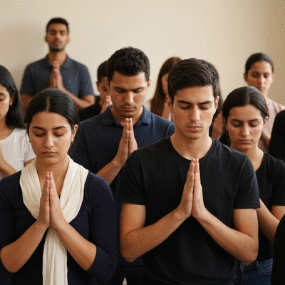Diverse group of people in silent prayer, hands clasped, representing different regions, soft lighting, no text, no words, no typography, 8K