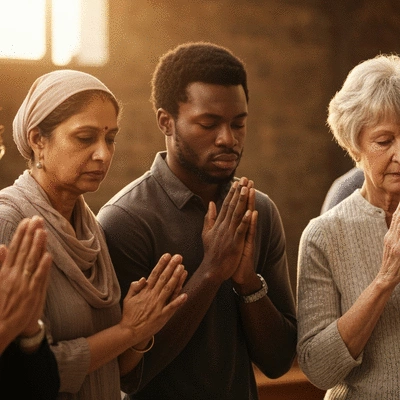 Diverse group of people praying together for national leaders, hands clasped, solemn expressions, warm lighting, no text, no words, no typography, clean image