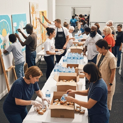 People volunteering at a community event, showing collaboration and support for a shared cause, clean image