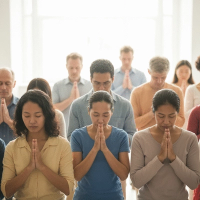 Diverse group of people from different backgrounds praying together in unity, representing global prayer events.