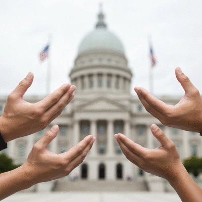 Hands reaching out in prayer towards a blurred image of government buildings, symbolizing intercession for leaders