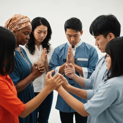 Diverse group of people from different cultures praying together for leaders, showing unity and global reach, no text, no words, no typography, clean image
